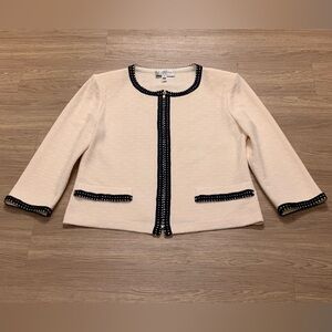 St. John Collection Knit Full Zipper Cardigan Jacket Cream-Ink Blue Trim Size 10
